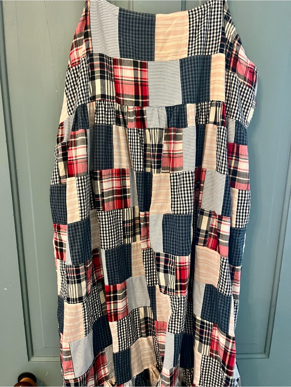 Patchwork Plaid Sundress in Navy, Red, and Cream - Picture 2 of 5